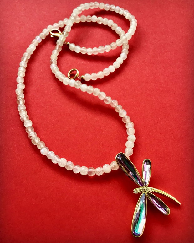 Colier CHOKER Piatra lunii naturala & libelulă