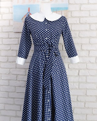 Rochie Camasa Bleumarin cu Buline si Guler Mare Rotund Alb