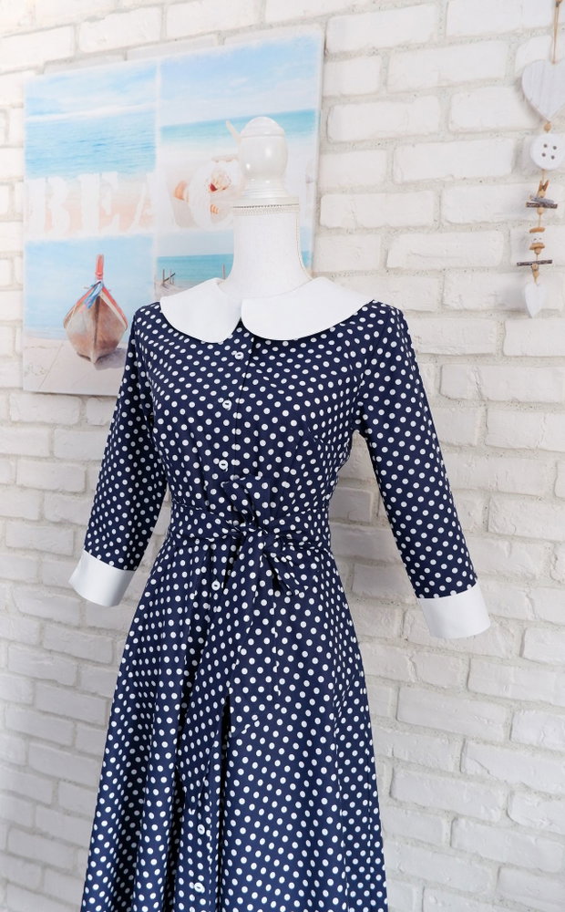 Rochie Camasa Bleumarin cu Buline si Guler Mare Rotund Alb