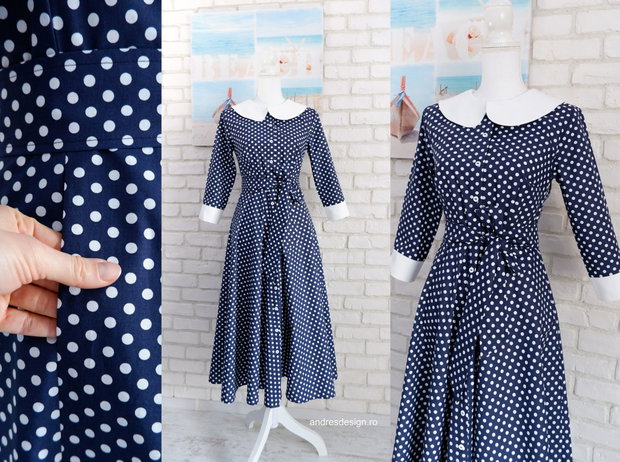 Rochie Camasa Bleumarin cu Buline si Guler Mare Rotund Alb