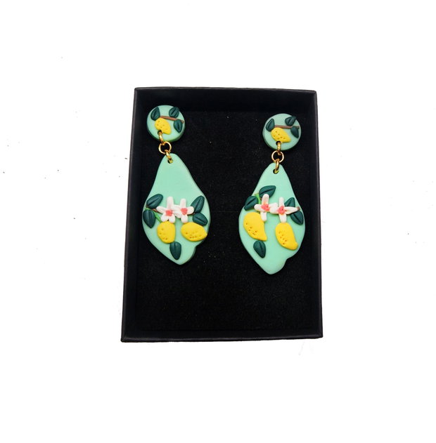 Cercei "Turquoise Lemons" din lut polimeric si inox auriu