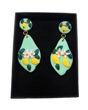 Cercei "Turquoise Lemons" din lut polimeric si inox auriu