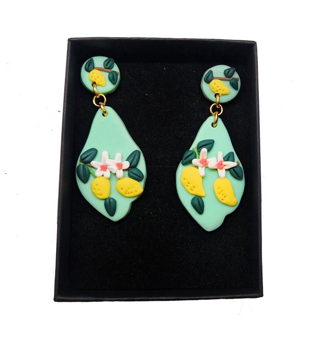 Cercei "Turquoise Lemons" din lut polimeric si inox auriu