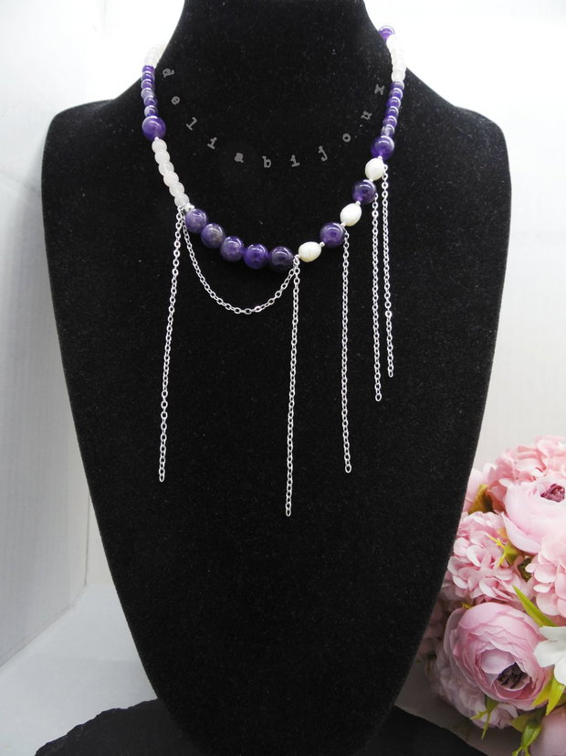 Colier handmade unicat - ametist, cuart si perle cultura (cod1194)