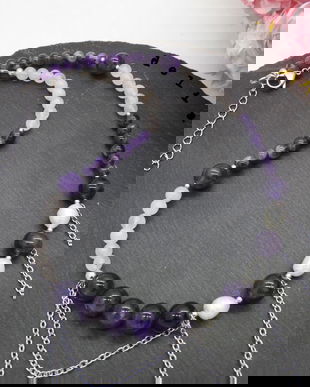 Colier handmade unicat - ametist, cuart si perle cultura (cod1194)