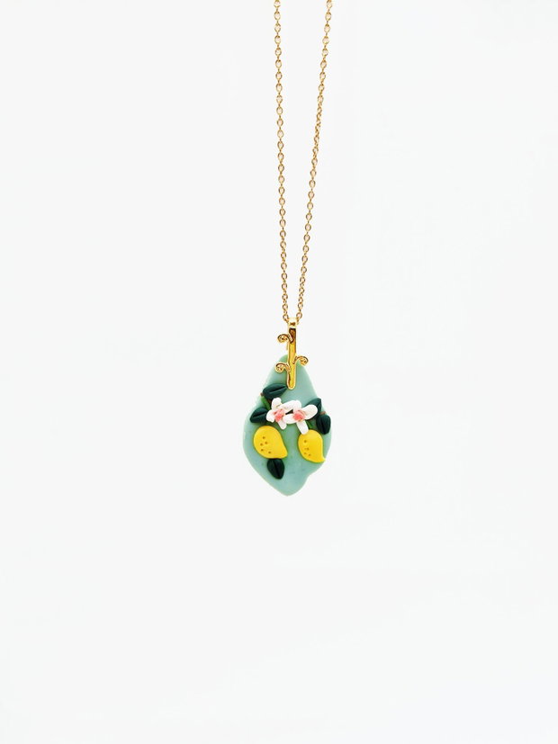 Colier cu pandantiv "Turquoise Lemons" din lut polimeric si inox auriu