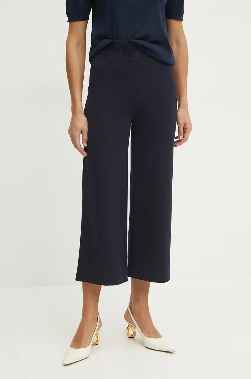 Luisa Spagnoli pantaloni de lână femei, culoarea bleumarin, lat, high waist, 541830