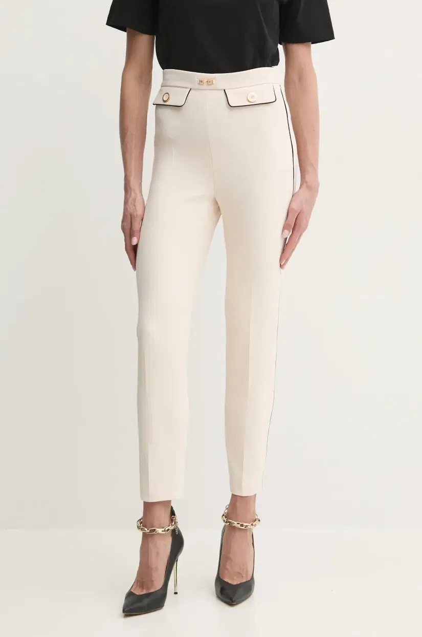 Elisabetta Franchi pantaloni femei, culoarea bej, mulata, high waist, PAT7151E2