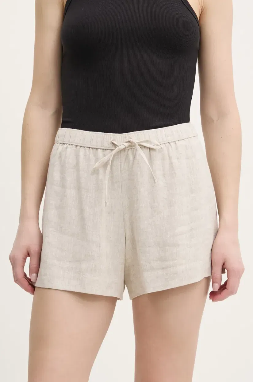 Abercrombie & Fitch pantaloni scurti din in femei, culoarea bej, neted, high waist, KI149-5190