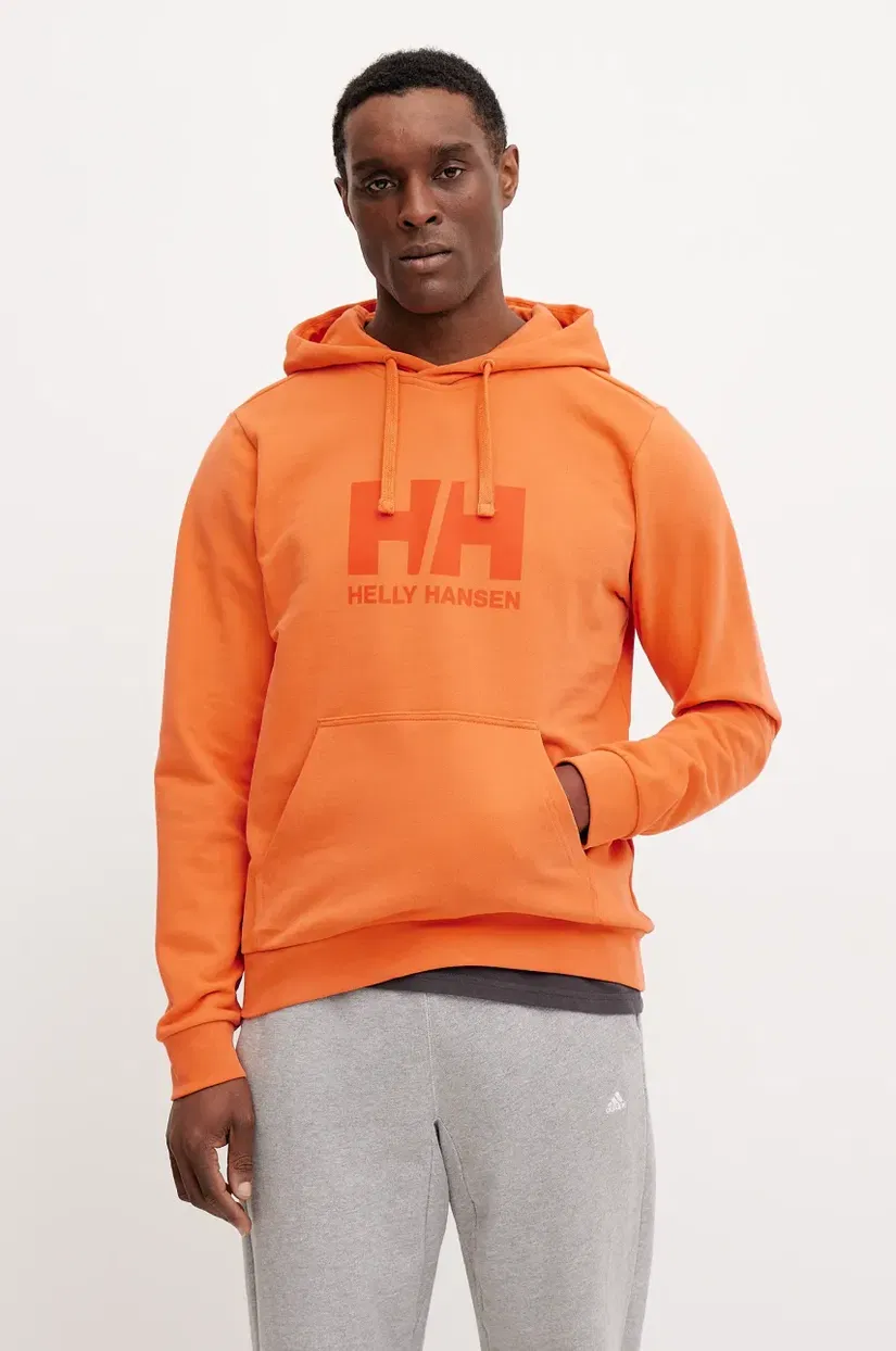 Helly Hansen hanorac de bumbac HH LOGO barbati, culoarea portocaliu, cu glugă, cu imprimeu, 30394