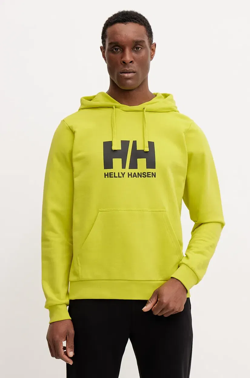 Helly Hansen hanorac de bumbac HH LOGO barbati, culoarea galben, cu glugă, cu imprimeu, 30394