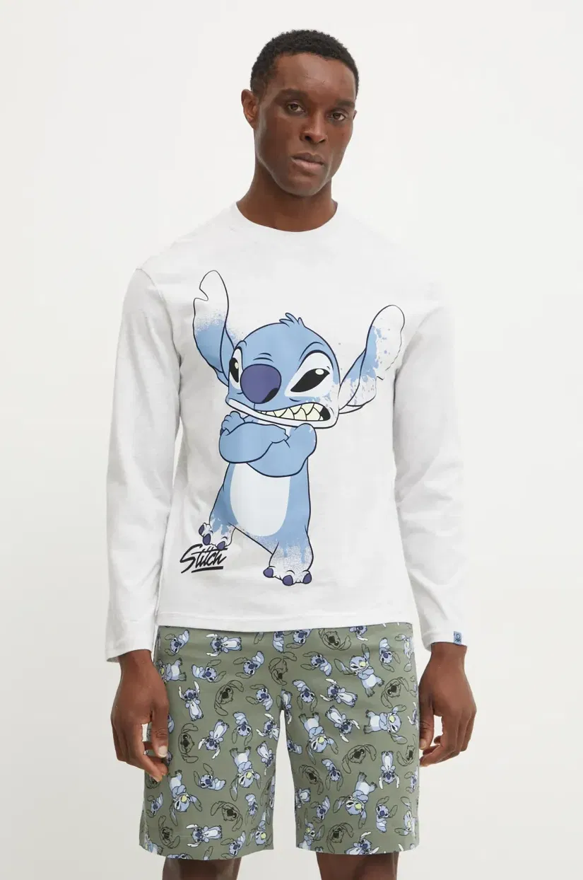 United Colors of Benetton camasa cu maneca lunga din bumbac LILO&STITCH barbati, culoarea gri, cu imprimeu, 3VR54M01X