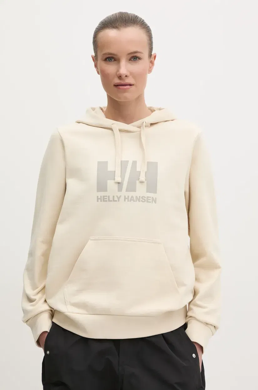 Helly Hansen hanorac de bumbac HH LOGO 2.0 femei, culoarea bej, cu glugă, cu imprimeu, 34460