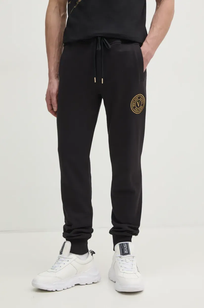 Versace Jeans Couture pantaloni de trening din bumbac barbati, culoarea negru, cu imprimeu, 78GAAT00 CF01T