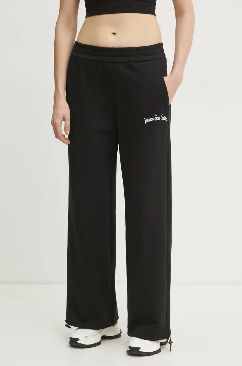 Versace Jeans Couture pantaloni de trening din bumbac femei, culoarea negru, cu imprimeu, 78HAAC08 CF00C