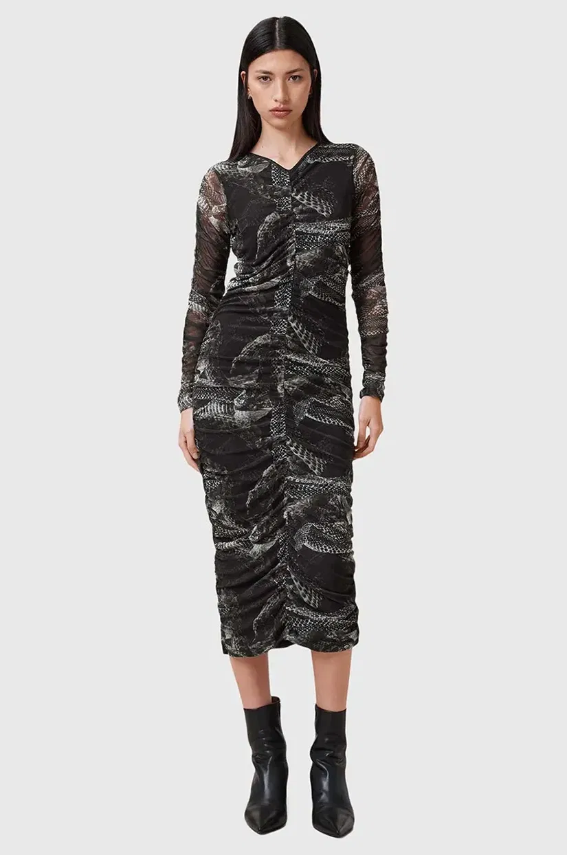 AllSaints rochie KEIKO culoarea gri, midi, mulata, W003DC