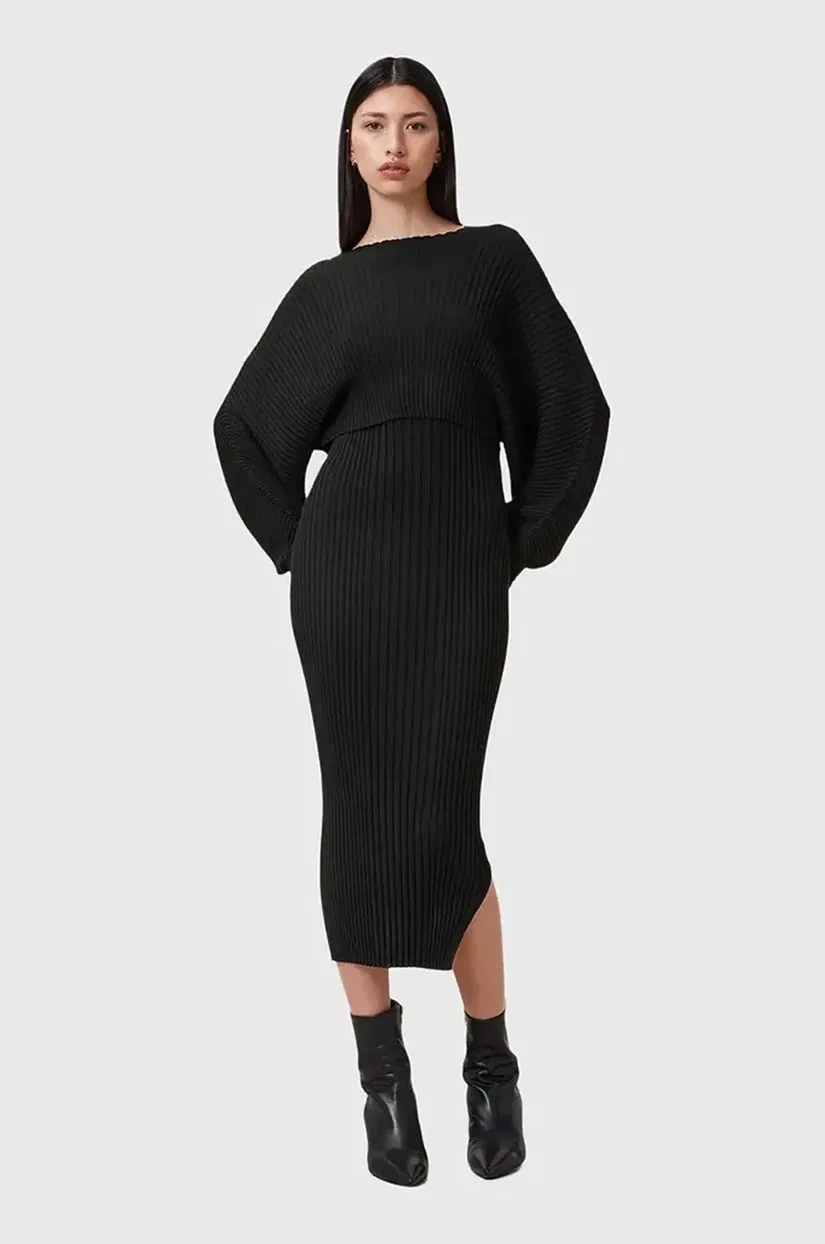 AllSaints rochie si pulover MINORI culoarea negru, midi, mulata, W224DC