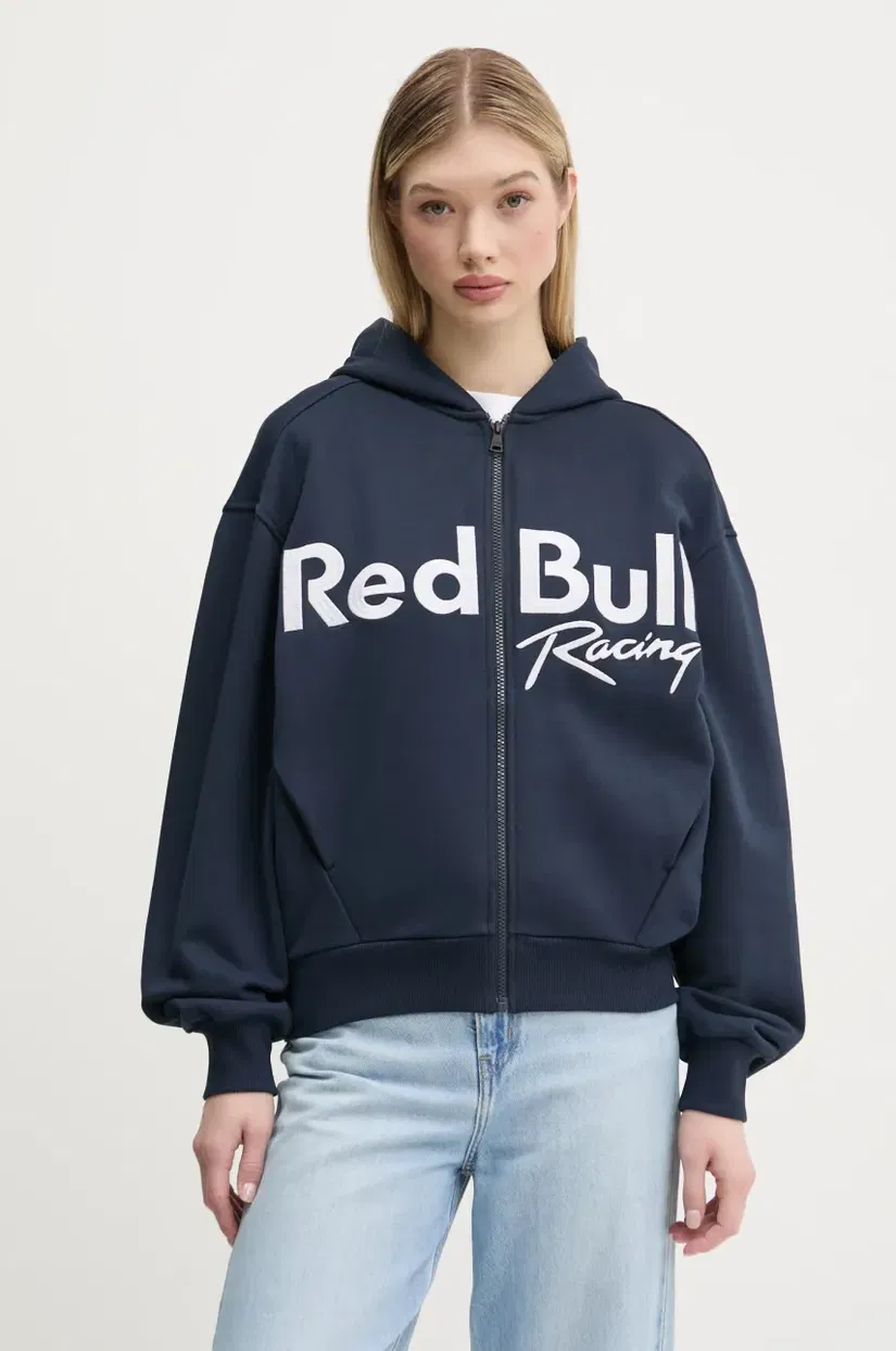 Red Bull Racing x Pepe Jeans hanorac de bumbac LOGO ZIP HOODIE femei, culoarea albastru marin, cu glugă, cu imprimeu, RL580011