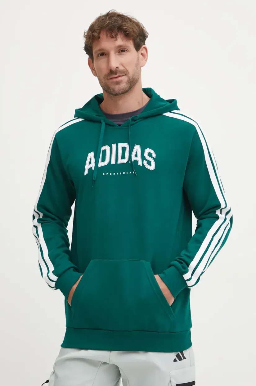 adidas bluza Collegiate barbati, culoarea verde, cu glugă, cu imprimeu, JV6506