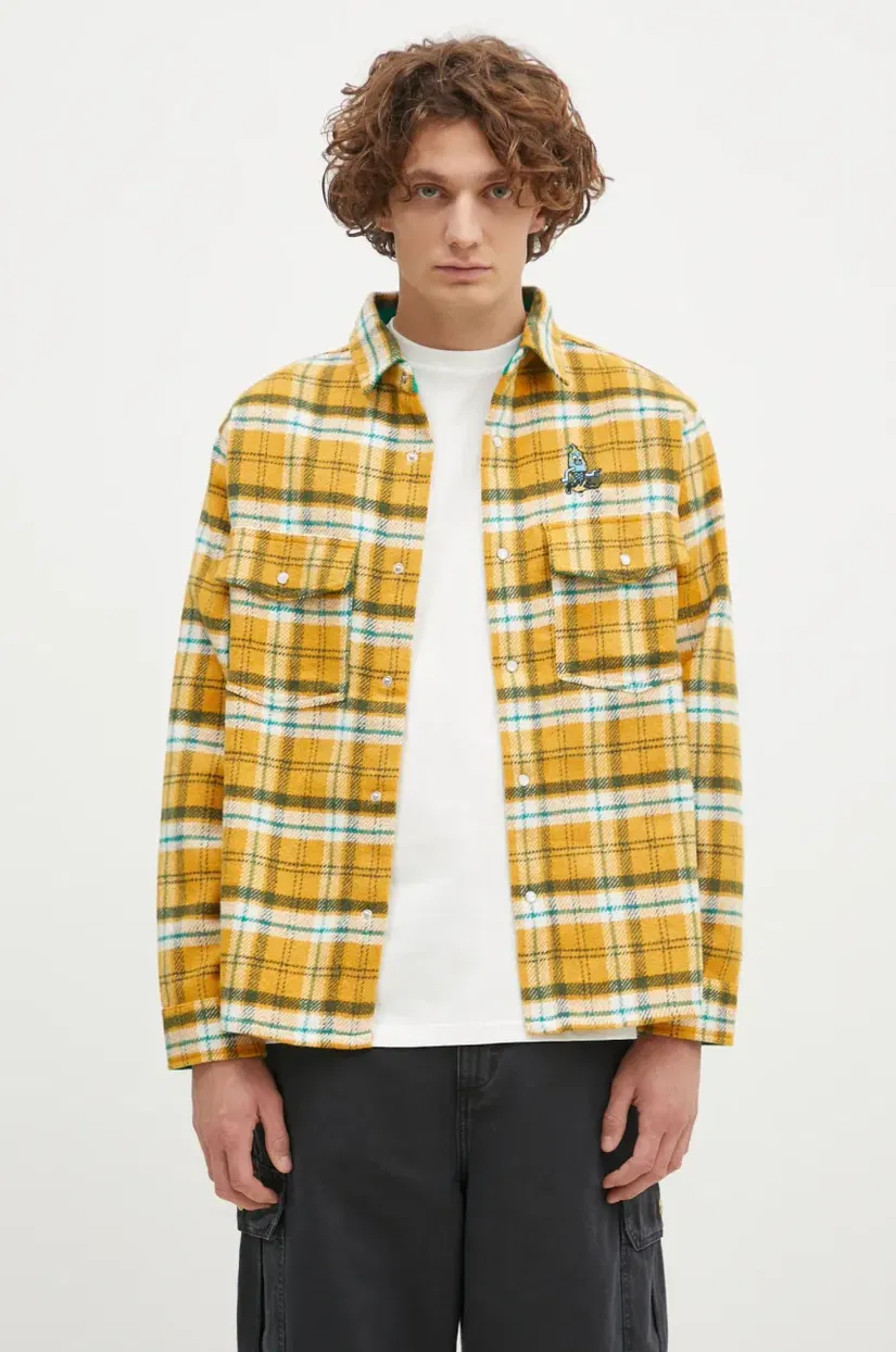 ICECREAM cămașă Flannel Overshirt bărbați, culoarea galben, cu guler clasic, relaxed, IC24319