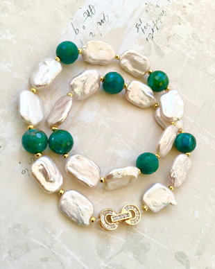 Colier perle baroc & agate verzi