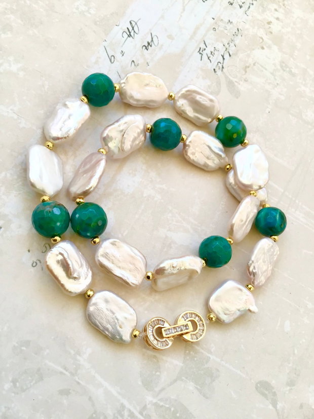 Colier perle baroc & agate verzi
