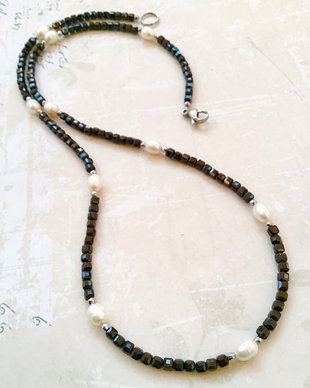 Colier CHOKER spinel negru & perle cultura albe