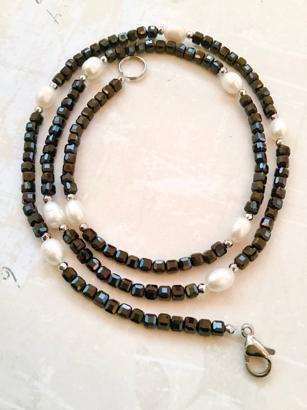Colier CHOKER spinel negru & perle cultura albe