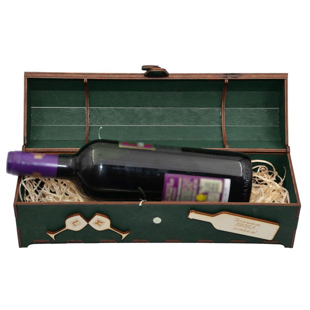 Cutie din lemn personalizata, pentru sticla de vin, cufar Handmade Piksel, verde