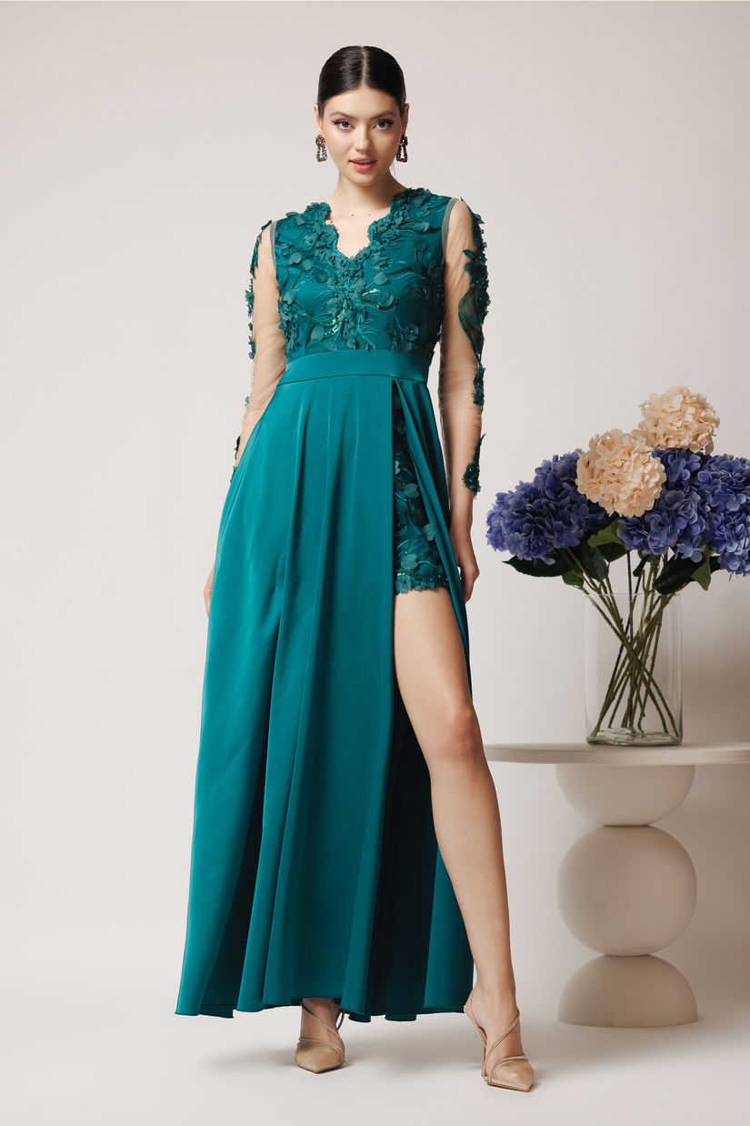 Rochie Ella Collection Vanessa lunga eleganta din tafta verde cu flori 3D