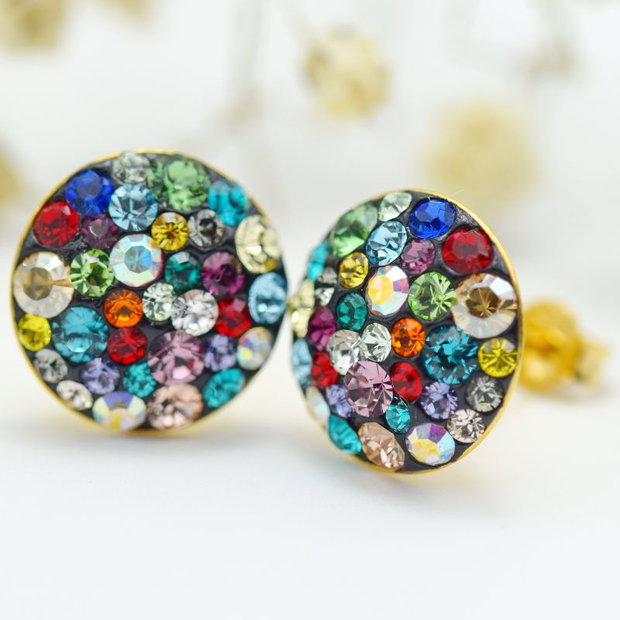 Cercei handmade cu surub Chaton Ball Multicolor Argint 925 placat cu aur