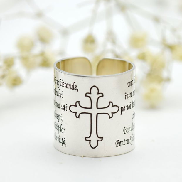 Inel lat 2 cm reglabil personalizat Împărate Ceresc, Cruce, Rugăciune  Argint 925