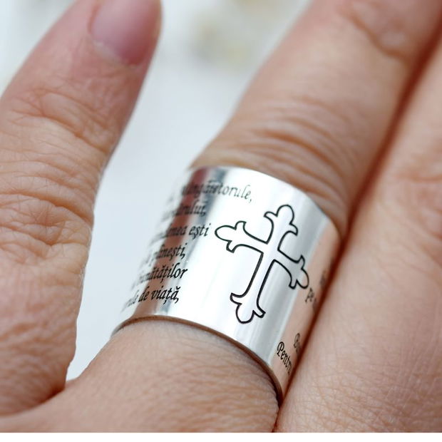 Inel lat 2 cm reglabil personalizat Împărate Ceresc, Cruce, Rugăciune  Argint 925