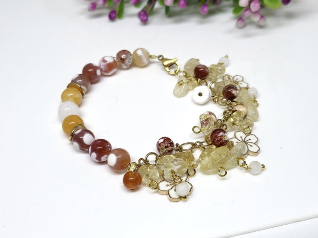 Bratara charm floral asimetric/citrin ,agat,piatra lunii
