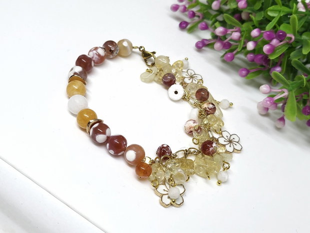 Bratara charm floral asimetric/citrin ,agat,piatra lunii