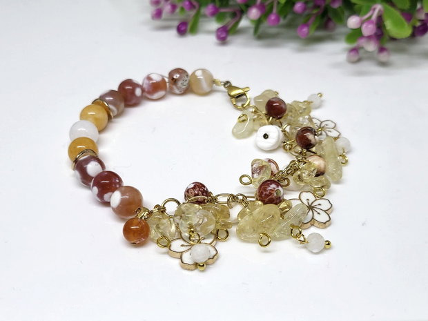Bratara charm floral asimetric/citrin ,agat,piatra lunii