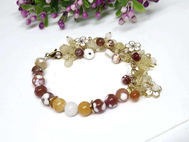 Bratara charm floral asimetric/citrin ,agat,piatra lunii