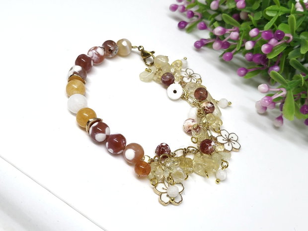 Bratara charm floral asimetric/citrin ,agat,piatra lunii