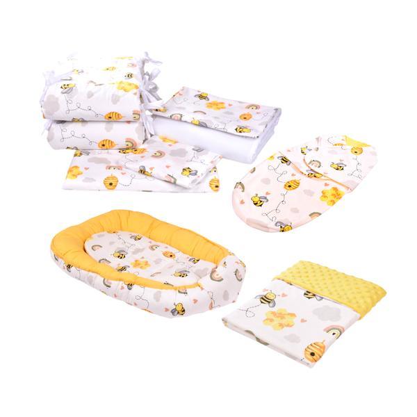 Set complet 10 piese lenjerie aparatori babynest paturica model albinute patut 120x60 cm