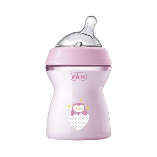 Biberon cu tetina din silicon, Chicco, Natural Feeling, 250ml, Roz 2-6 luni