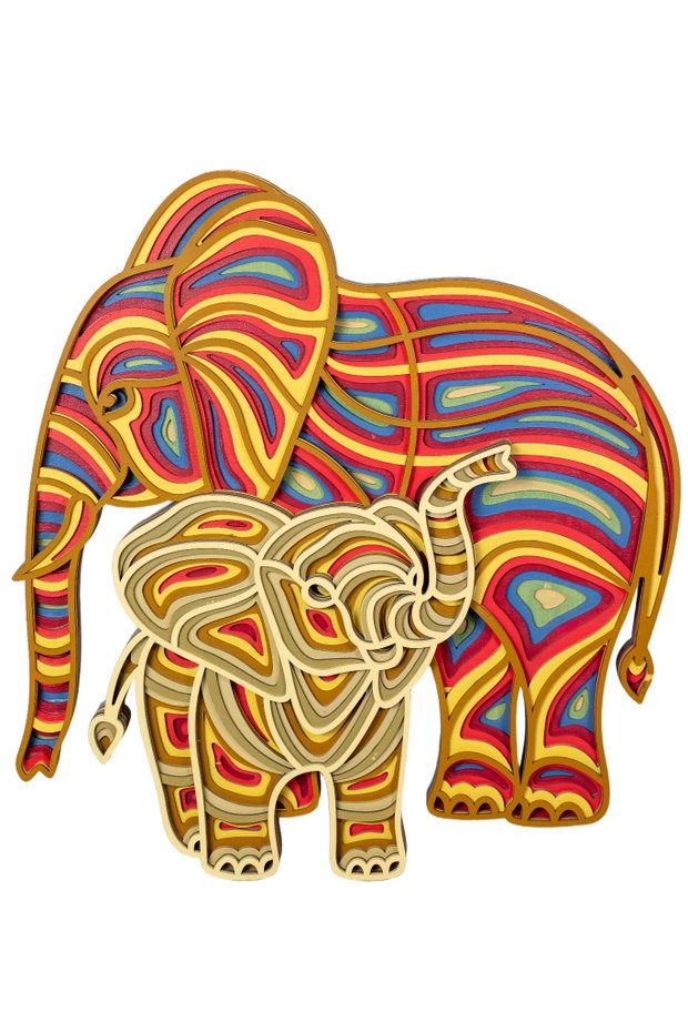 Tablou 3D Elefant cu Pui Design Multistrat Colorat, 59x52 cm