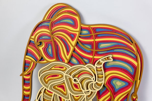 Tablou 3D Elefant cu Pui Design Multistrat Colorat, 59x52 cm