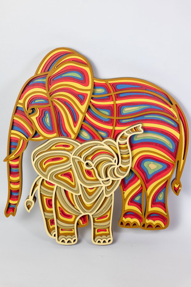 Tablou 3D Elefant cu Pui Design Multistrat Colorat, 59x52 cm