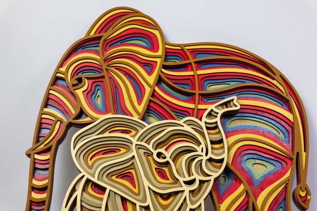 Tablou 3D Elefant cu Pui Design Multistrat Colorat, 59x52 cm
