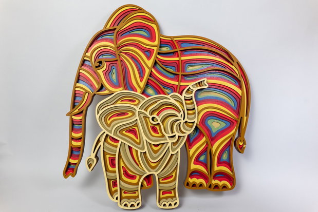 Tablou 3D Elefant cu Pui Design Multistrat Colorat, 59x52 cm