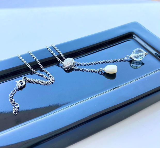 Lant argint cu pandativ zirconiu cubic, perla de cultura si cristal  de stanca
