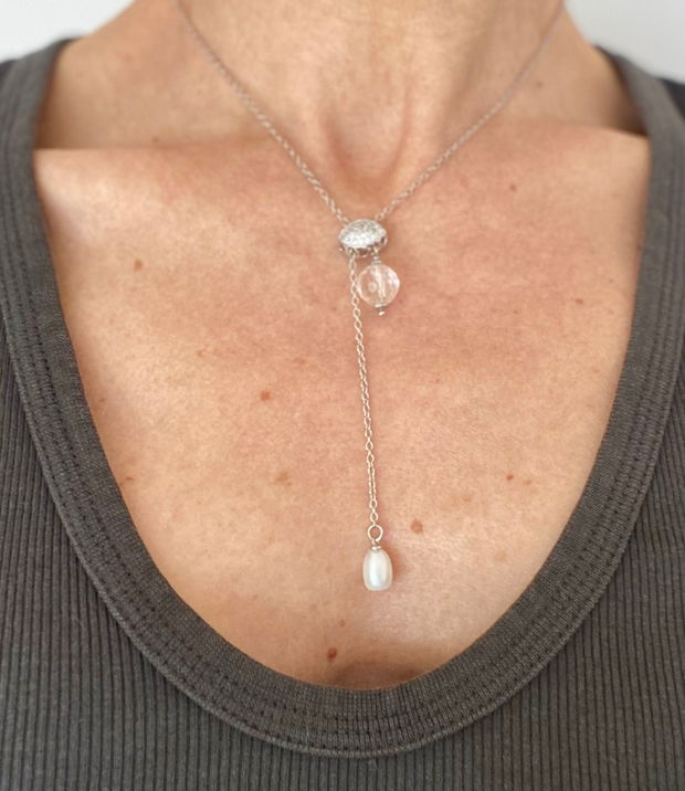 Lant argint cu pandativ zirconiu cubic, perla de cultura si cristal  de stanca