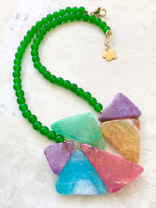 Colier agate multicolore & Jad verde