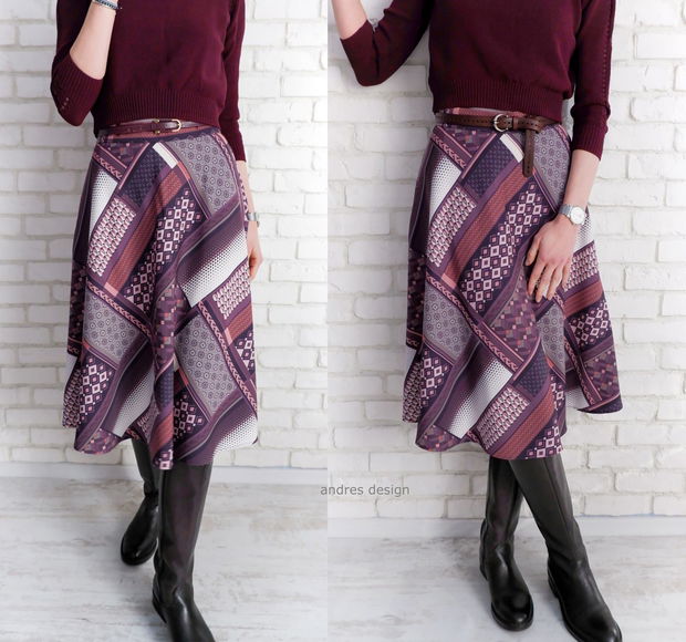 Fusta Clos Print Geometric Mov cu Bej