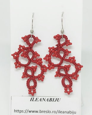 Cercei rosii din dantela frivolite, cercei dantela rosie, cercei filigran, bijuterii dantela suveicuta